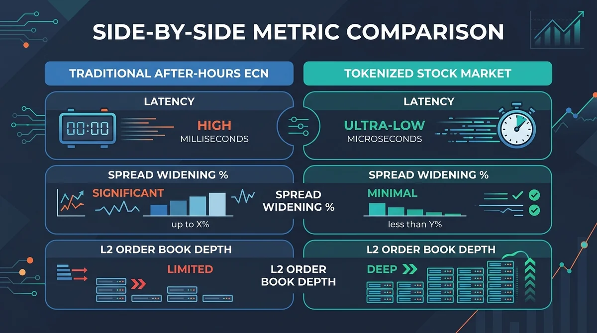 Wide 16:9 horizontal multi-column data comparison chart, clean minimalist corporate design on navy slate background, side-by-