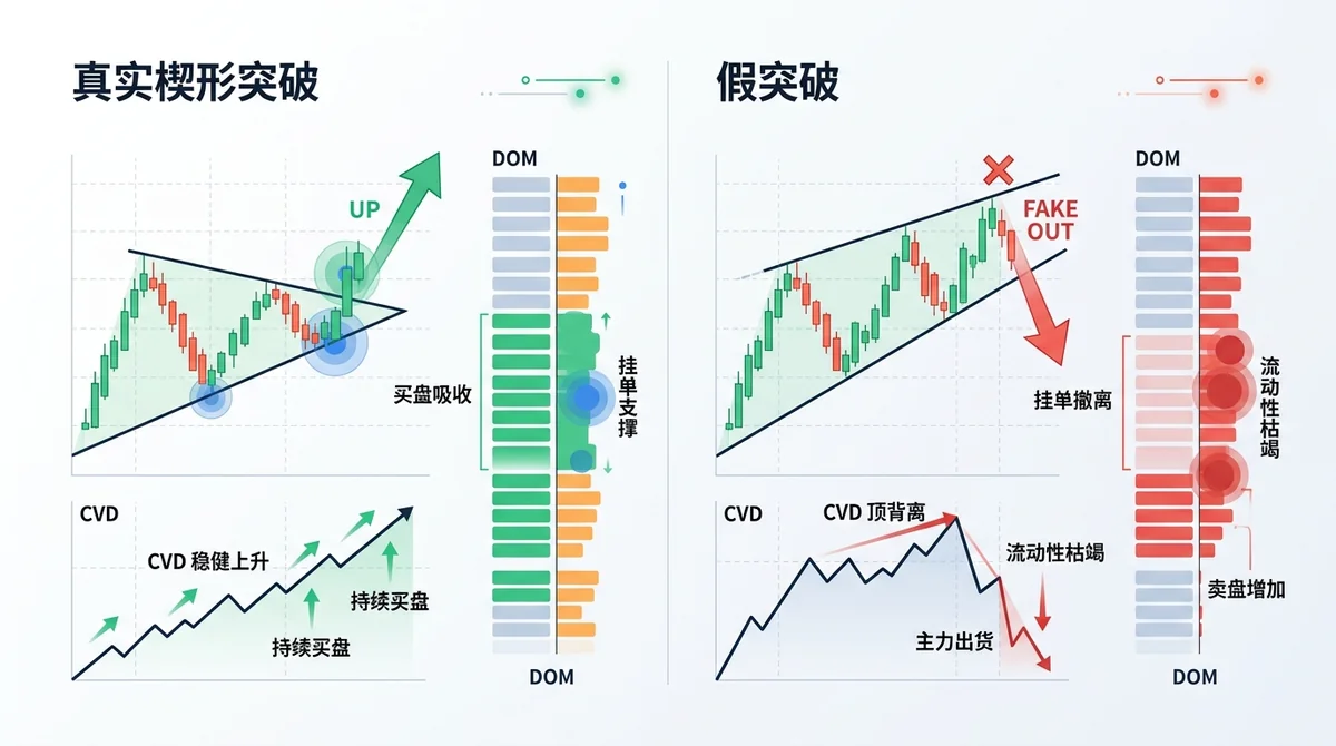 真实楔形突破与假突破的订单流失衡对比图:左侧展示真实突破伴随 CVD 稳健上升与买盘吸收,右侧展示挂单撤离与 CVD 顶背离引发的假突破