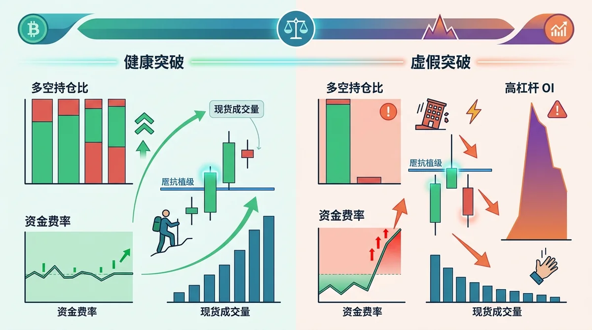 永续合约多空持仓比与资金费率极端值对比图:对比现货驱动型健康突破与高杠杆 OI 堆积型虚假突破的关键衍生品指标