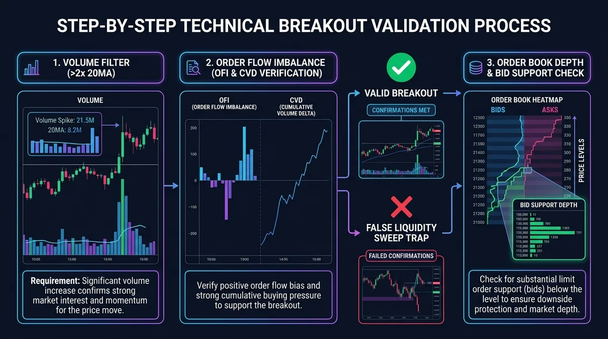 Wide 16:9 horizontal step-by-step technical flowchart diagram. 3 visual stages from left to right: '1. Volume Filter (>2x 20M