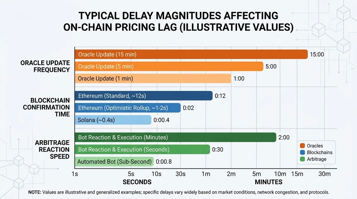 Bar chart comparing typical delay magnitudes for different factors affecting on-chain pricing lag: oracle update frequency (e