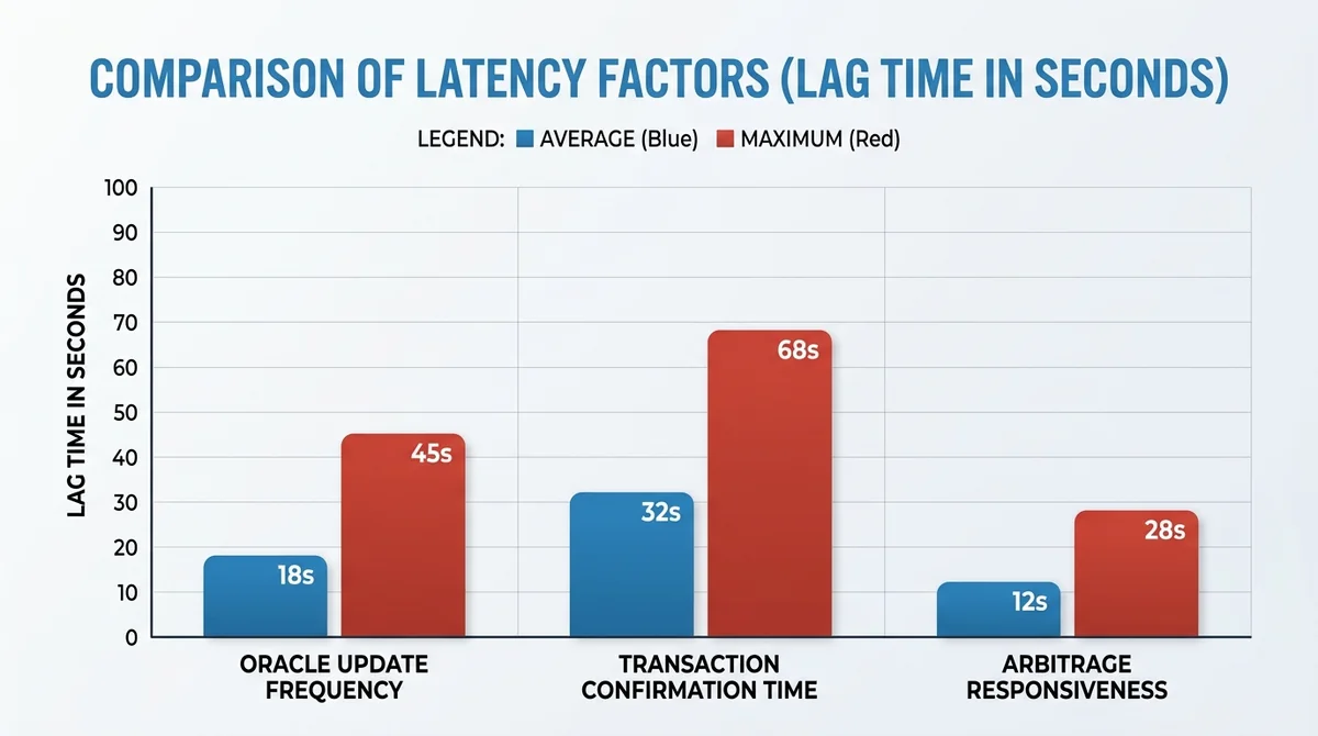 Wide 16:9 horizontal bar chart, comparing three factors: oracle update frequency, transaction confirmation time, arbitrage re