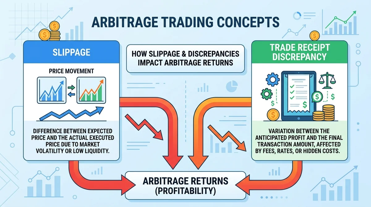 Wide 16:9 horizontal infographic, two main sections: left 'Slippage' with icon and short definition, right 'Trade Receipt Dis