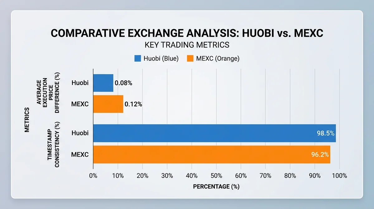 Wide 16:9 horizontal bar chart, comparing Huobi and MEXC on two metrics: average execution price difference and timestamp con