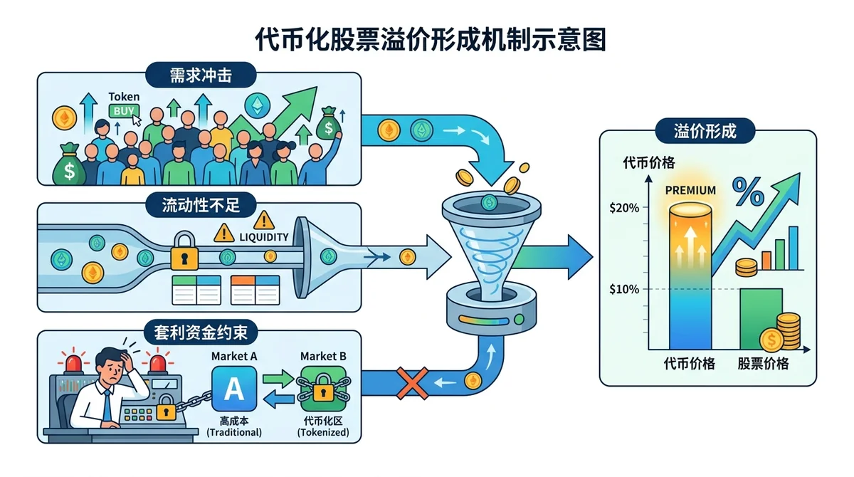代币化股票溢价形成机制示意图：展示需求冲击、流动性不足、套利资金约束如何共同导致溢价