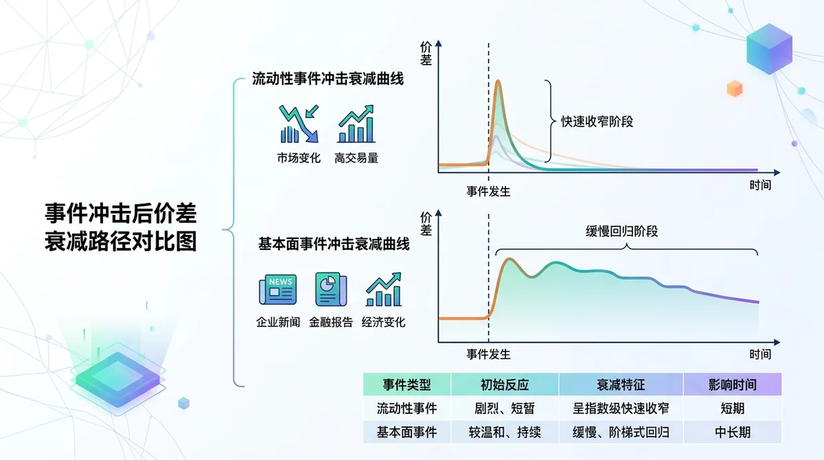 事件冲击后价差衰减路径对比图：对比流动性事件与基本面事件的衰减曲线，标注快速收窄与缓慢回归阶段