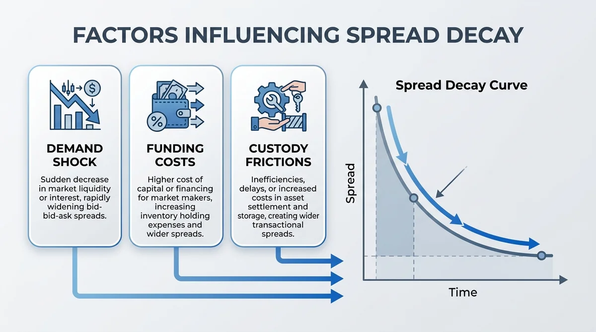 Wide 16:9 horizontal infographic, three columns each with an icon and bold English label for demand shock, funding costs, and