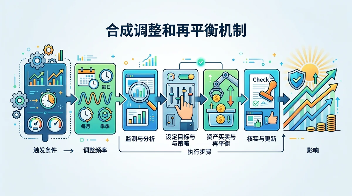 成分调整与再平衡机制流程图：展示触发条件、调整频率、执行步骤和影响