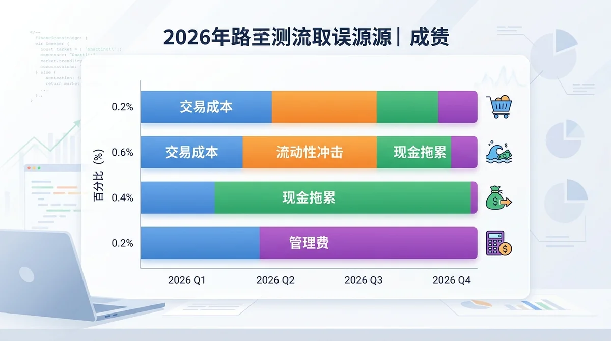 2026年跟踪误差来源分解柱状图：交易成本、流动性冲击、现金拖累、管理费