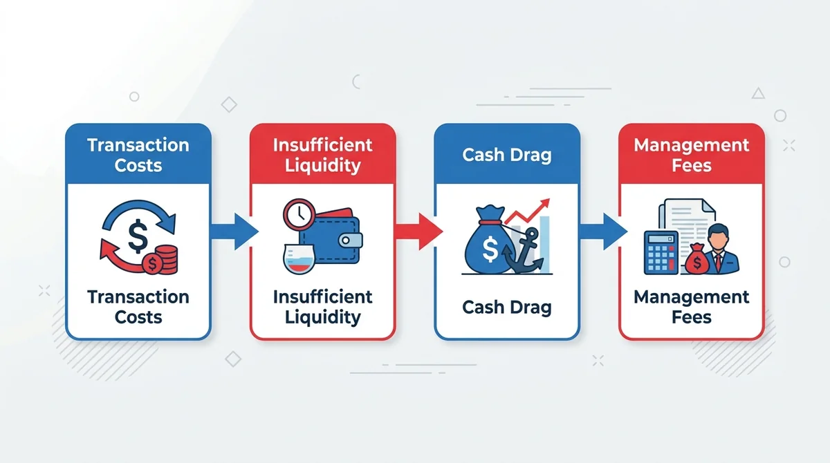 Wide 16:9 horizontal infographic, flowchart with four boxes: Transaction Costs, Insufficient Liquidity, Cash Drag, Management