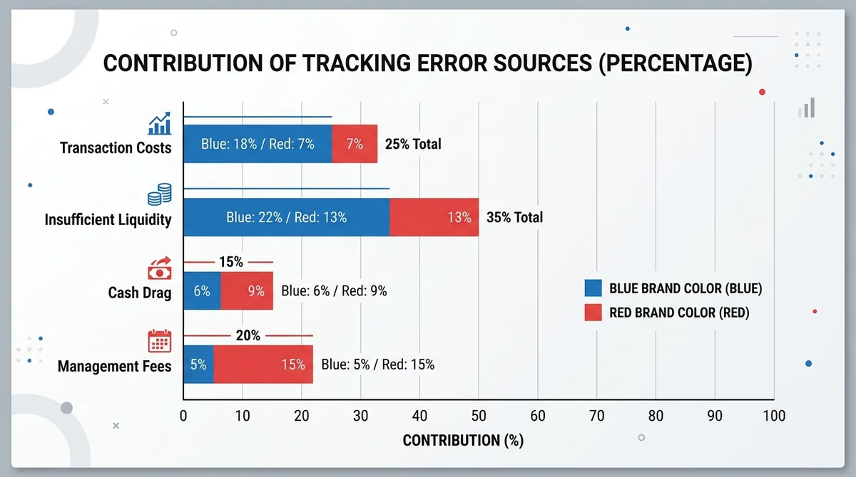 Wide 16:9 horizontal bar chart, comparing contribution percentages of four tracking error sources: Transaction Costs, Insuffi