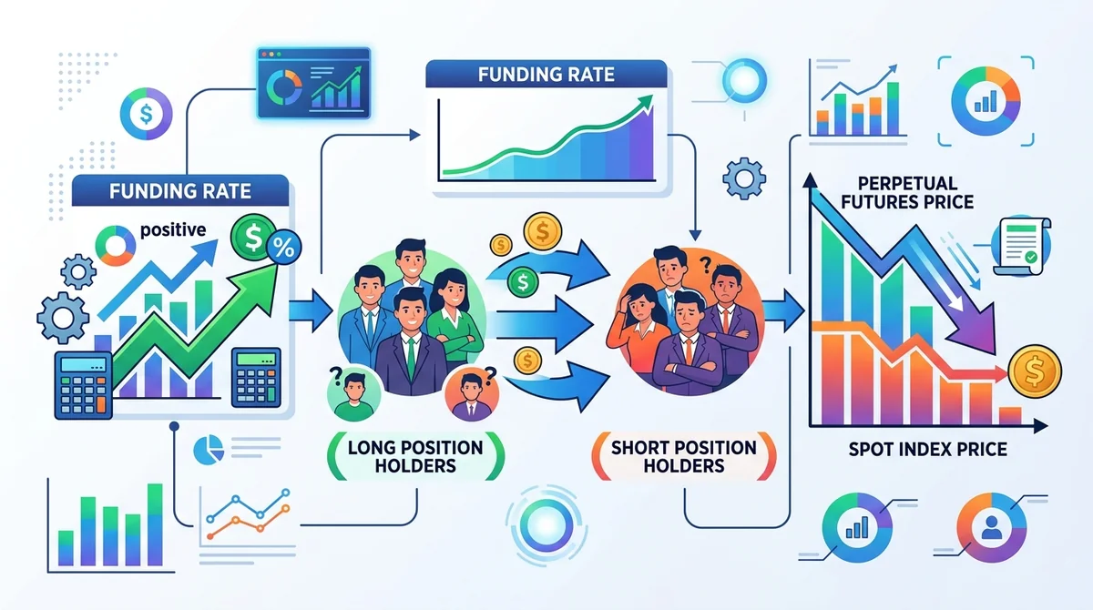 Infographic explaining funding rate mechanism: shows how positive funding rate leads to long paying short, pulling perpetual