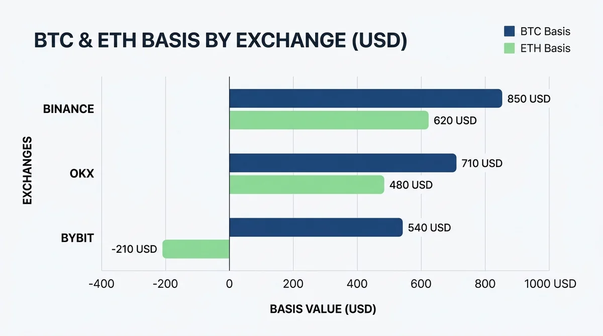 Wide 16:9 horizontal bar chart, grouped bars for BTC and ETH basis across Binance, OKX, and Bybit, positive and negative valu
