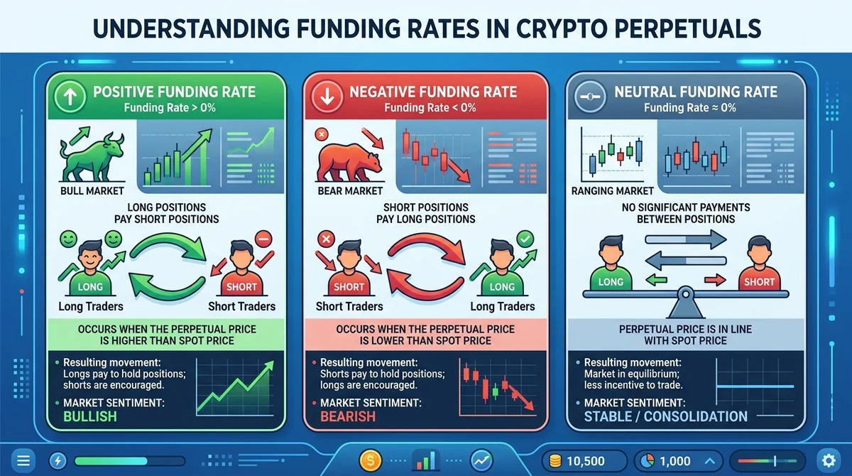 Wide 16:9 horizontal infographic, three panels illustrating positive, negative, and neutral funding rates, each panel showing