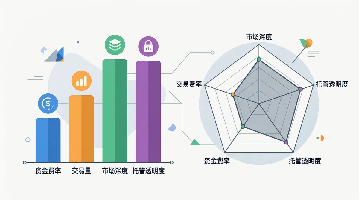 驱动因子影响示意图：雷达图或条形图展示资金费率、交易量、市场深度、托管透明度对溢价的影响强度
