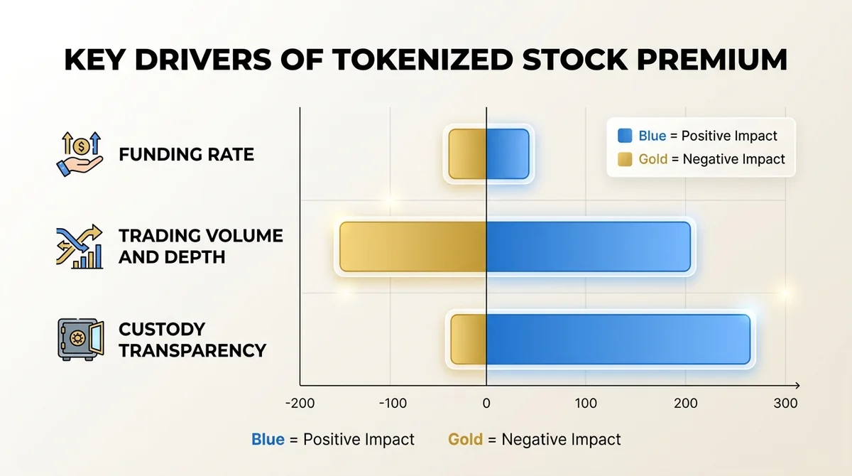 Wide 16:9 horizontal bar chart comparing three driving factors of tokenized stock premium: funding rate, trading volume and d