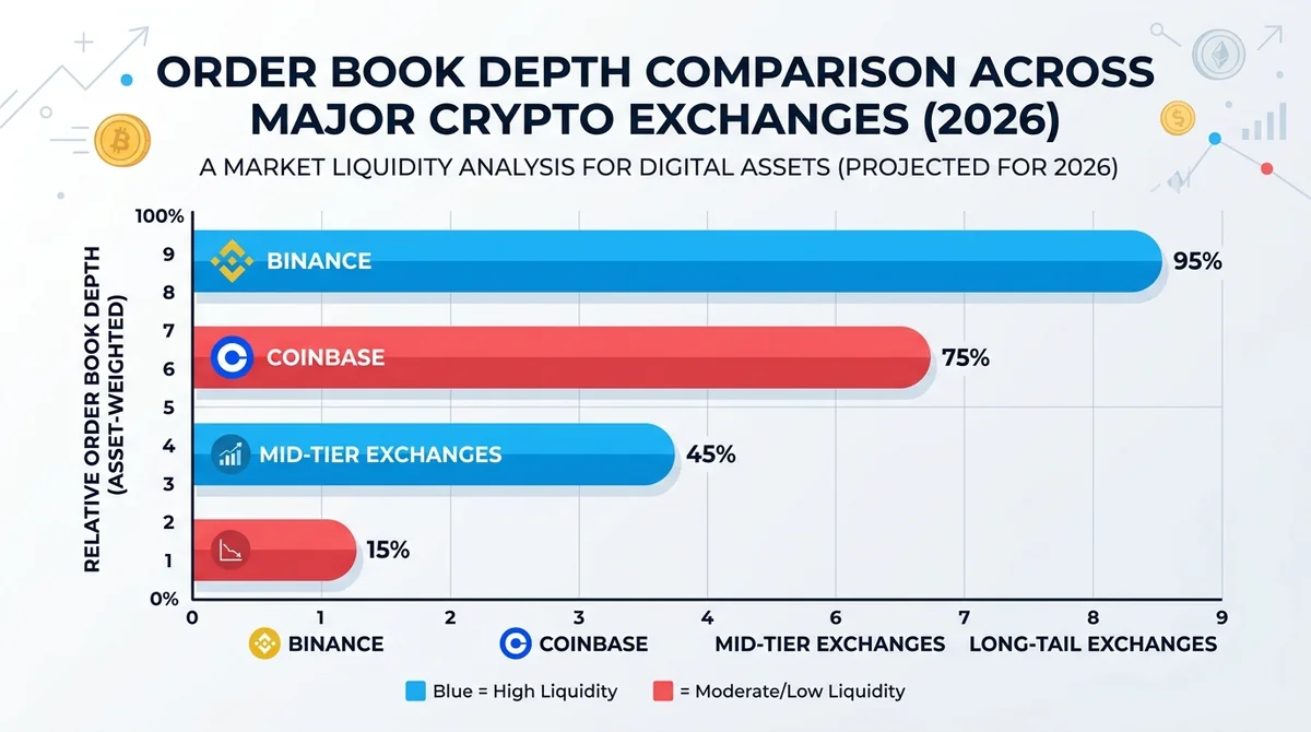 Wide 16:9 horizontal bar chart comparing order book depth across major crypto exchanges in 2026, bars for Binance, Coinbase,