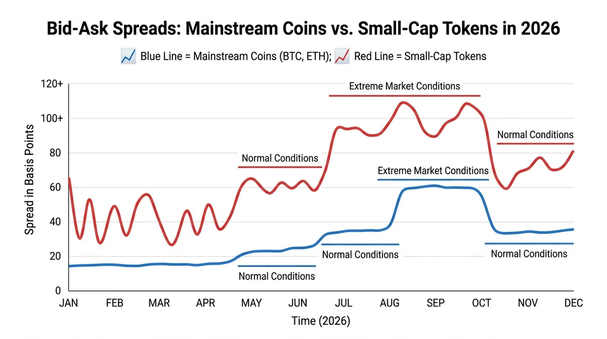 Wide 16:9 horizontal line chart comparing bid-ask spreads for mainstream coins (BTC, ETH) and small-cap tokens under normal a