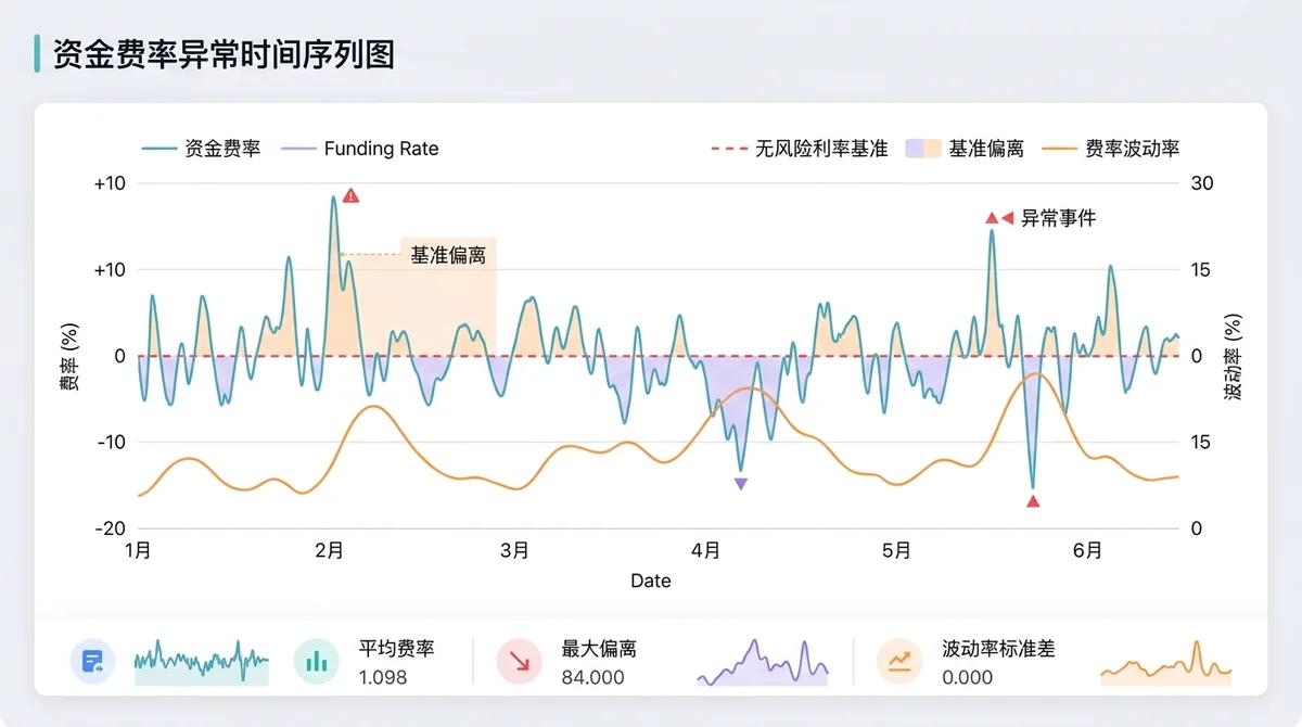 资金费率异常时间序列图，展示费率偏离无风险利率基准的幅度与波动率变化