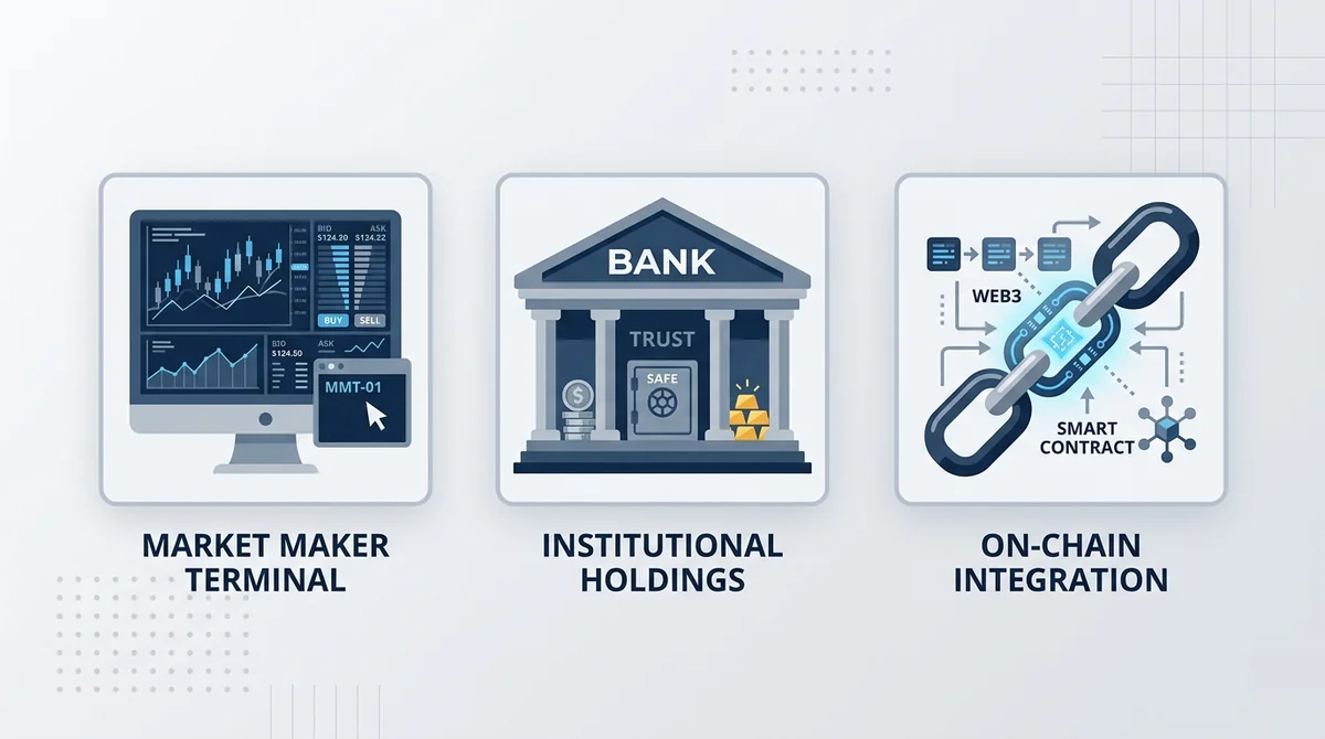 Square flat design infographic with three icons in a row: a market maker terminal, a bank building for institutional holdings