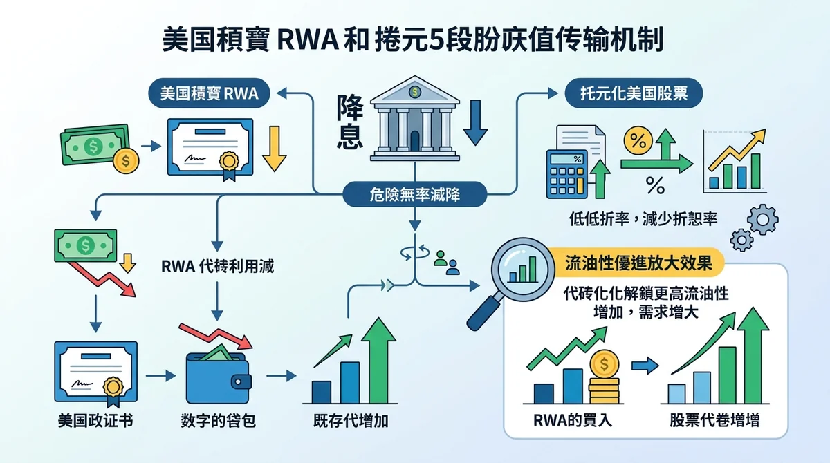 美债RWA与美股代币化估值传导机制信息图：展示降息如何通过无风险利率影响美债RWA票息和美股代币化价格，包含流动性溢价放大效应