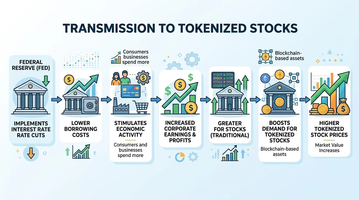 Wide 16:9 horizontal flow diagram, showing steps from Fed rate cut to tokenized stock price increase, flat design style, arro