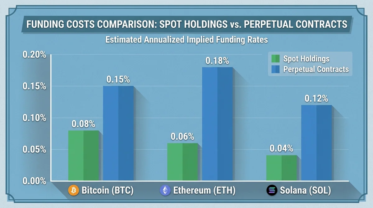 Bar chart comparing funding costs for spot holdings vs perpetual contracts. Shows implied funding rate for each, with labels