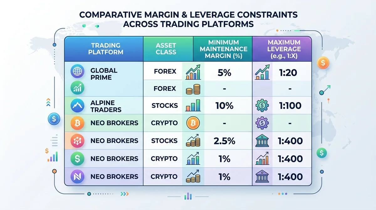 Table or chart showing margin requirements and leverage constraints across different platforms. Includes minimum maintenance