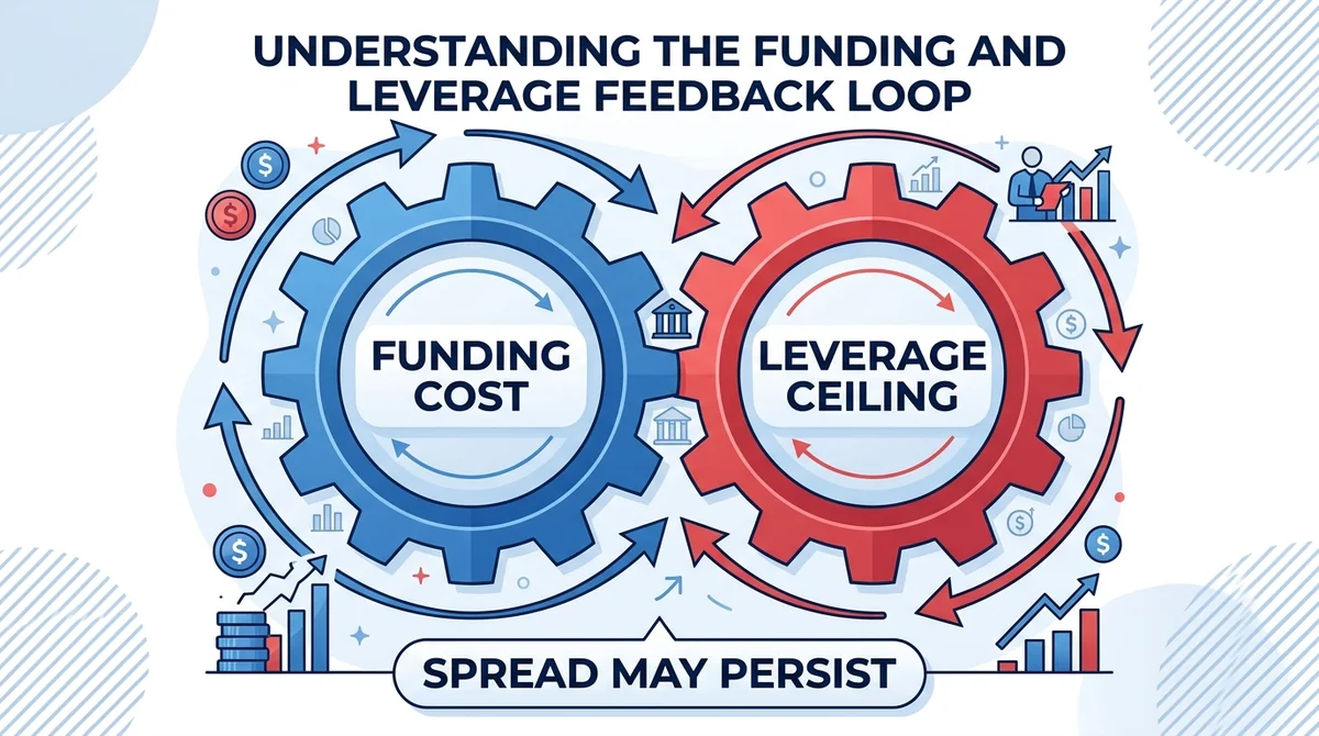 Wide 16:9 horizontal infographic, two interlocking gears labeled 'Funding Cost' and 'Leverage Ceiling', arrows showing feedba