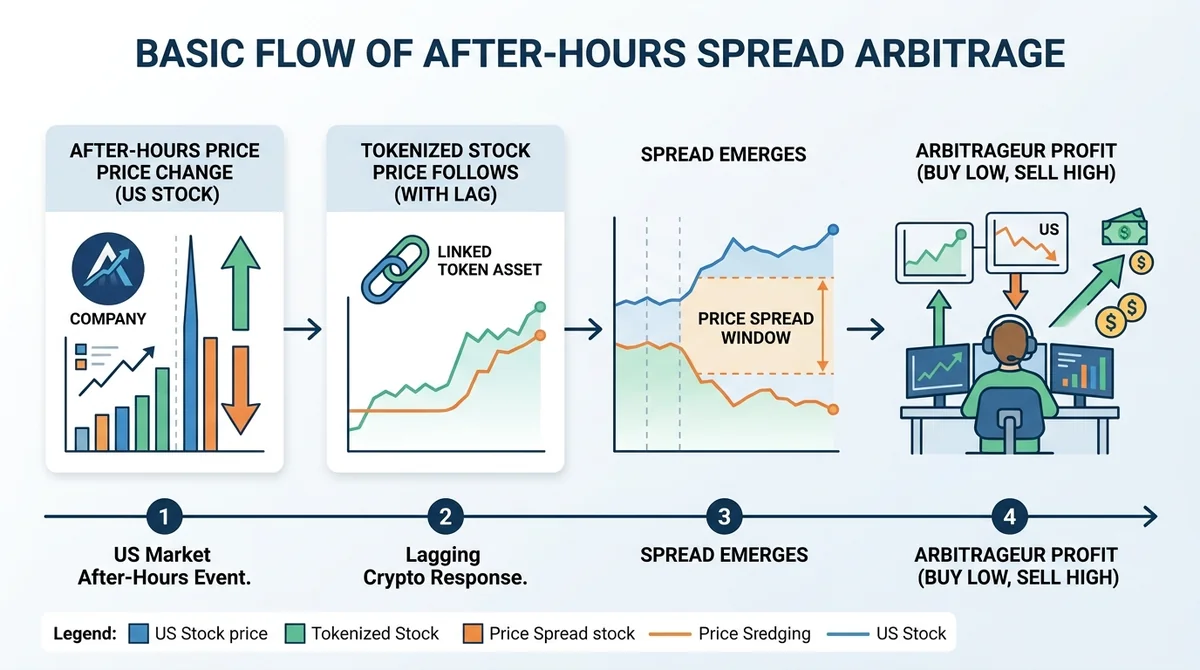 Infographic illustrating the basic flow of after-hours spread arbitrage: US stock after-hours price change, tokenized stock p