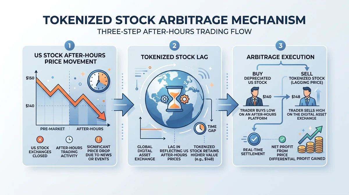 Wide 16:9 horizontal infographic, three-step flow diagram showing US stock after-hours price movement, tokenized stock lag, a