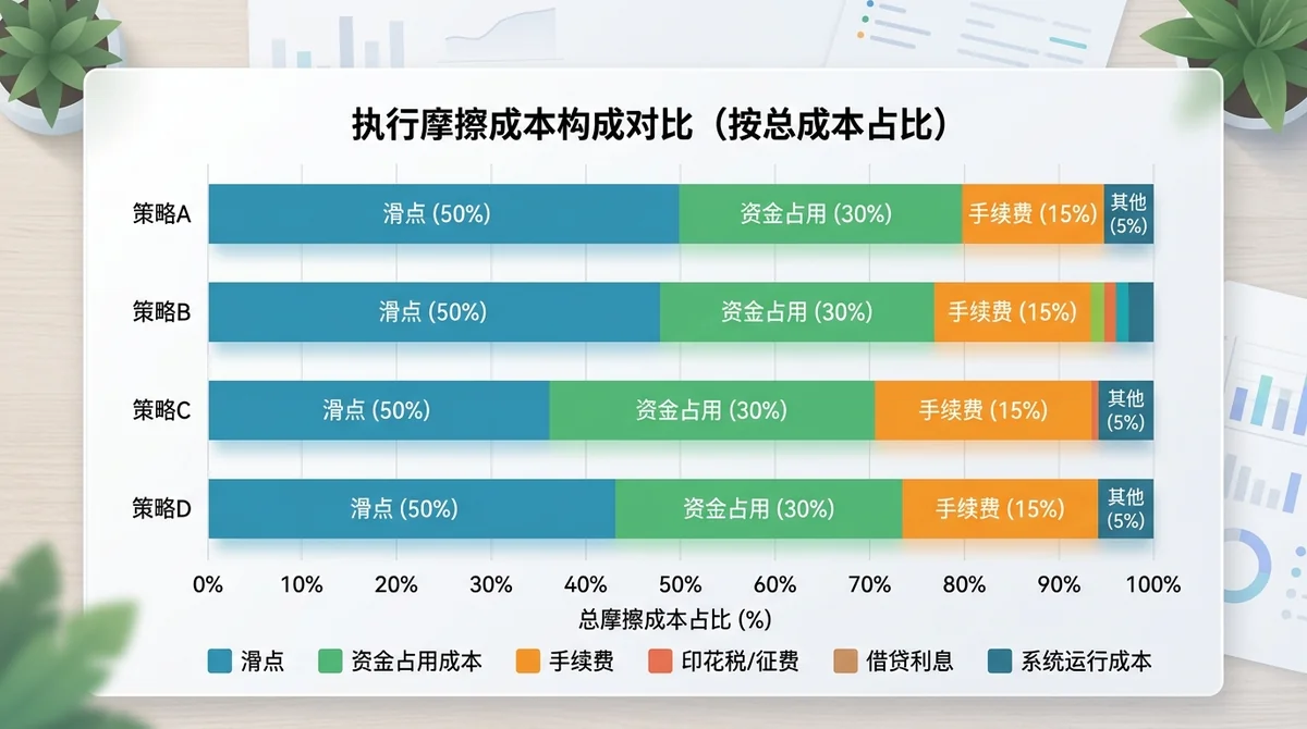 滑点、资金占用、手续费等执行摩擦成本构成对比条形图，展示各项成本在总摩擦成本中的占比