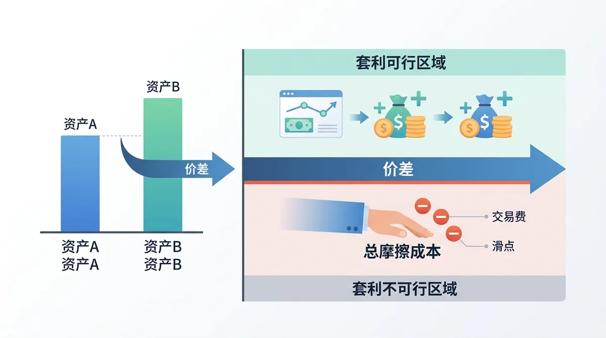 套利边界计算示意图：展示价差与总摩擦成本的关系，标注套利可行区域与不可行区域