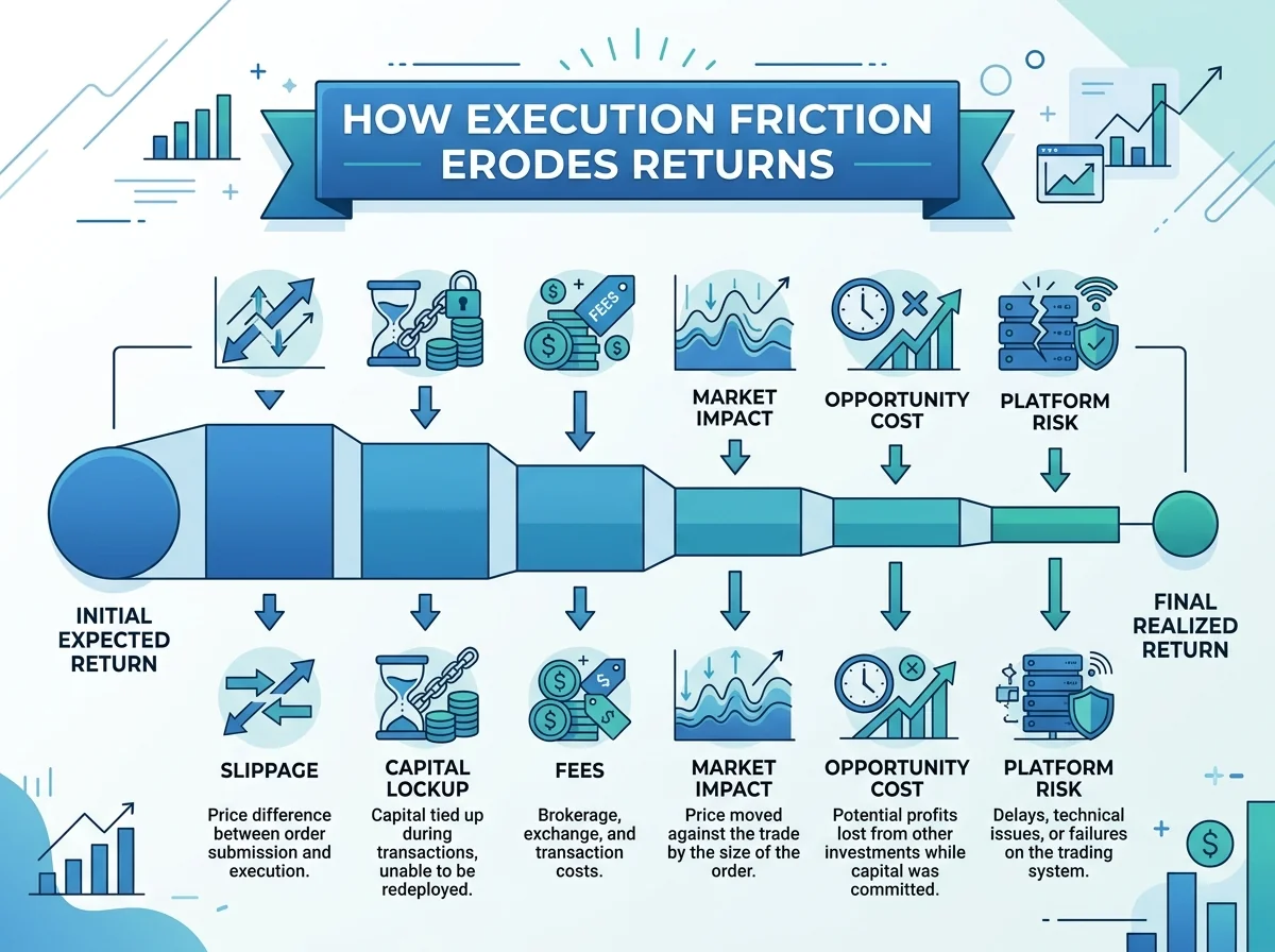 Infographic in a 4:3 aspect ratio, centered layout with icons for each execution friction (slippage, capital lockup, fees, ma