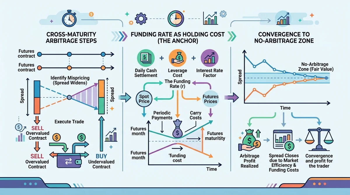 Infographic explaining the anchoring mechanism in term spread trading: steps of cross-maturity arbitrage, role of funding rat