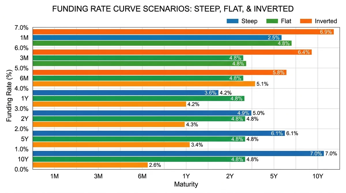 Horizontal bar chart, x-axis labeled 'Maturity' (1M, 3M, 6M, 1Y, 2Y, 5Y, 10Y), y-axis labeled 'Funding Rate (%)', grouped bar