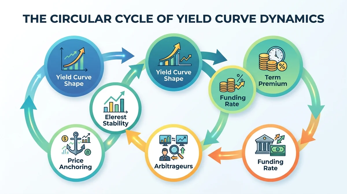 Wide 16:9 horizontal infographic with circular flow diagram, six nodes connected by arrows: 'Yield Curve Shape' → 'Term Premi