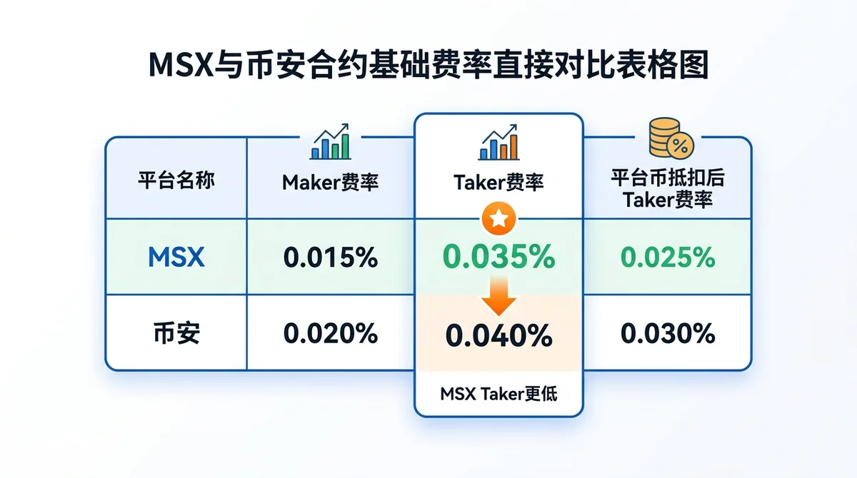 MSX与币安合约基础费率直接对比表格图：行为平台名称（MSX、币安），列为maker费率、taker费率、平台币抵扣后taker费率，数值清晰标注百分比，突出显示MSX taker更低