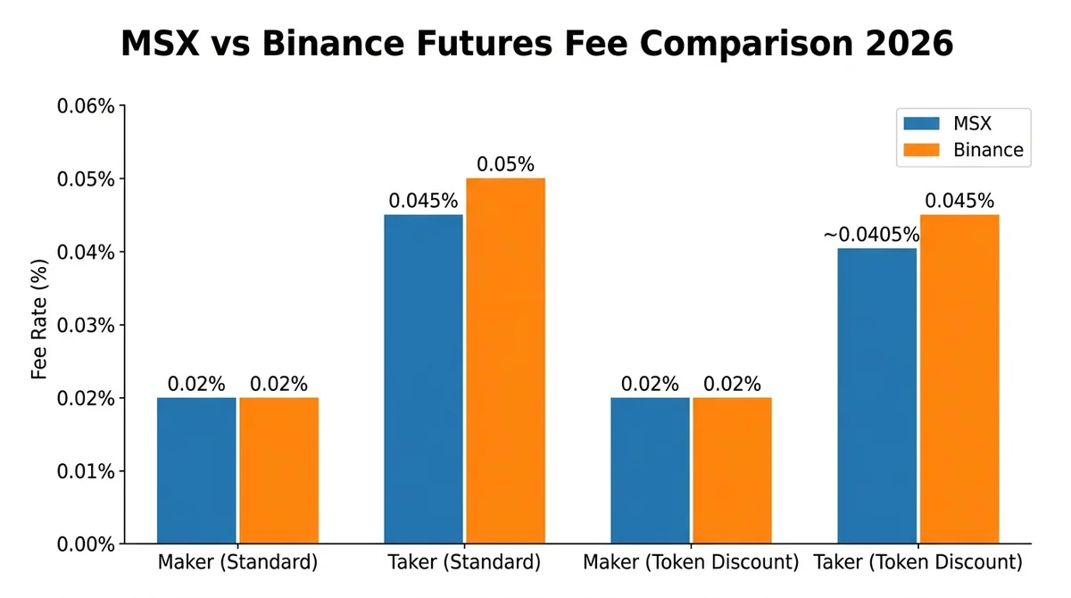 Wide 16:9 horizontal grouped bar chart on white background, title in bold English: 'MSX vs Binance Futures Fee Comparison 202