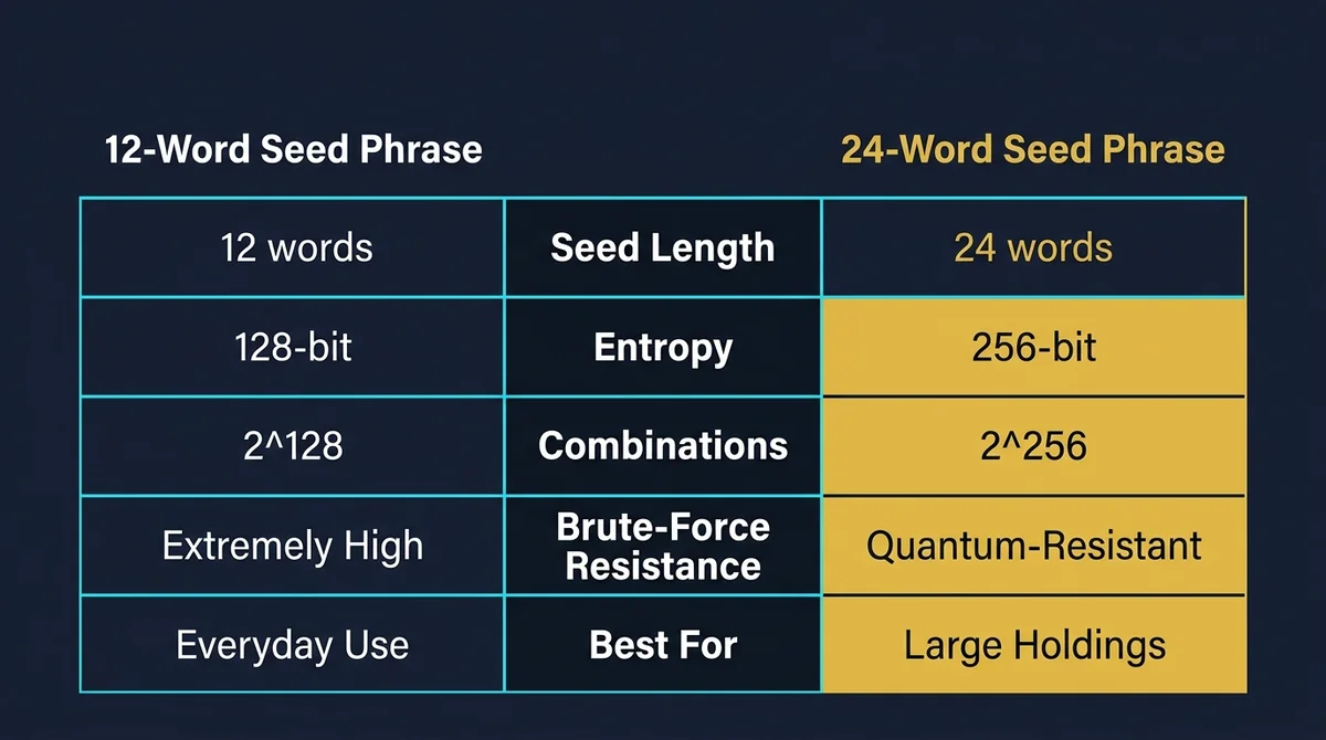 Wide 16:9 horizontal comparison chart, dark navy background, two-column data table comparing '12-Word Seed Phrase' vs '24-Wor