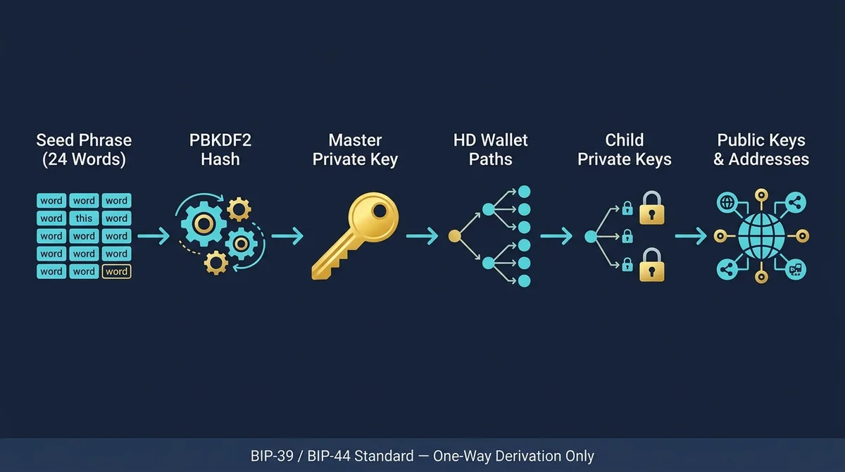 Wide 16:9 horizontal flow diagram infographic, dark background, horizontal left-to-right arrow chain with six labeled nodes: