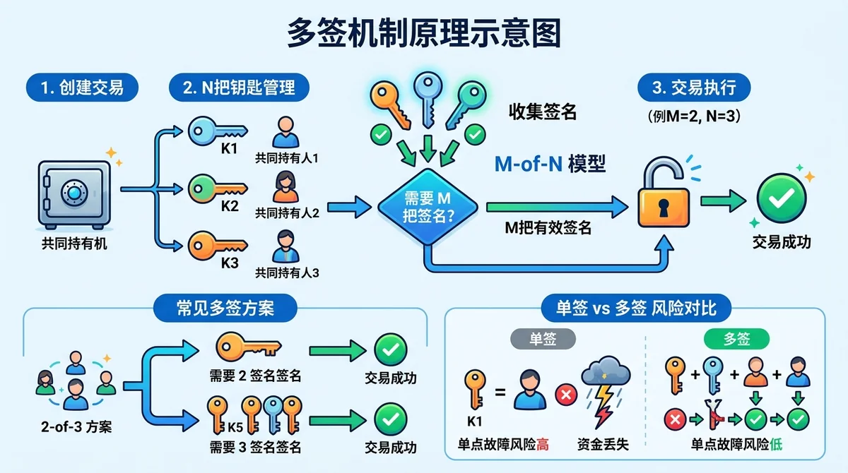 多签机制原理示意图：横向流程图展示 M-of-N 模型，3把钥匙图标排列，箭头指向'需要M把签名'判断节点，最终指向'交易执行'。标注2-of-3与3-of-5两种常见方案，对比单签vs多签的单点故障风险