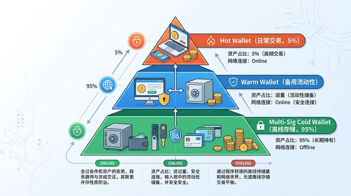 冷热钱包分层架构图：横向三层金字塔结构——顶层'Hot Wallet（日常交易，5%）'，中层'Warm Wallet（备用流动性）'，底层'Multi-Sig Cold Wallet（离线存储，95%）'。各层标注资产占比与网络连接状态（Onlin