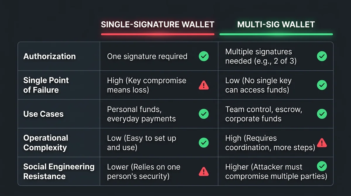Wide 16:9 horizontal comparison chart, dark background, two-column table with header row labeled 'Single-Signature Wallet' (l