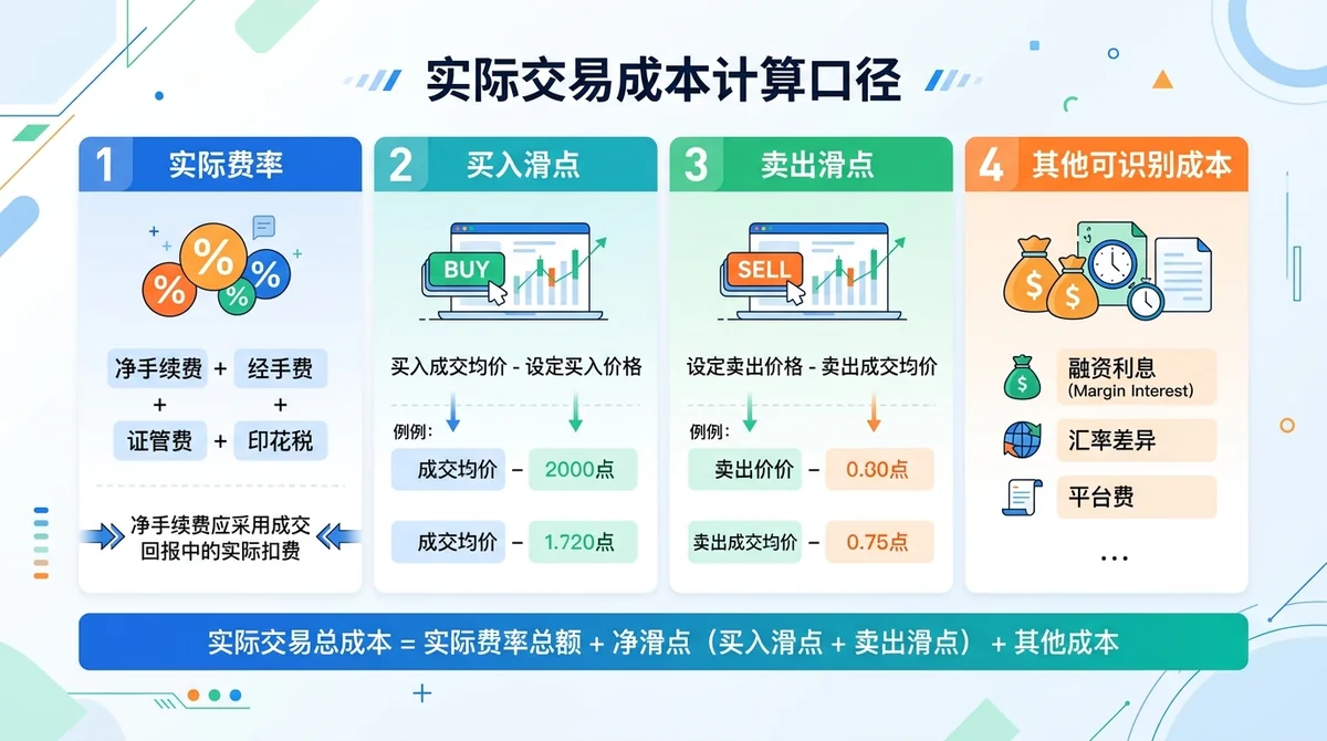 实际交易成本计算信息图，分区展示实际费率、买入滑点、卖出滑点和其他可识别成本的计算口径，并强调净手续费应采用成交回报中的实际扣费。