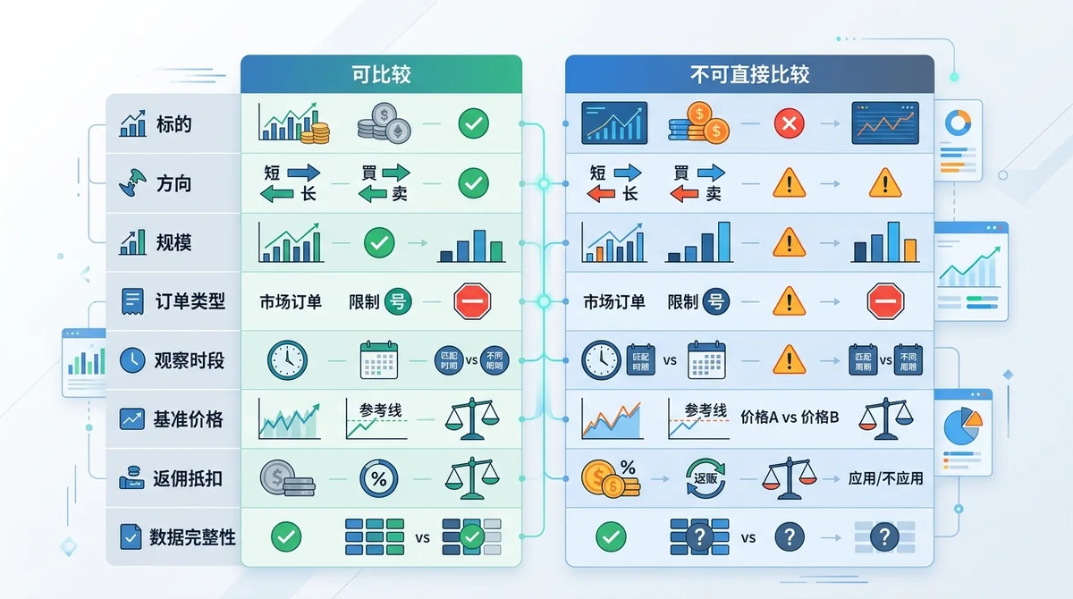 A/B测试有效性检查图，以“可比较”和“不可直接比较”两栏展示标的、方向、规模、订单类型、观察时段、基准价格、返佣抵扣和数据完整性等条件。