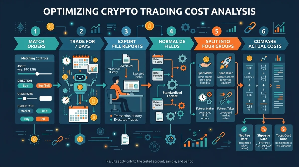 Wide 16:9 horizontal process infographic for an English crypto trading cost article, centered left-to-right workflow with six