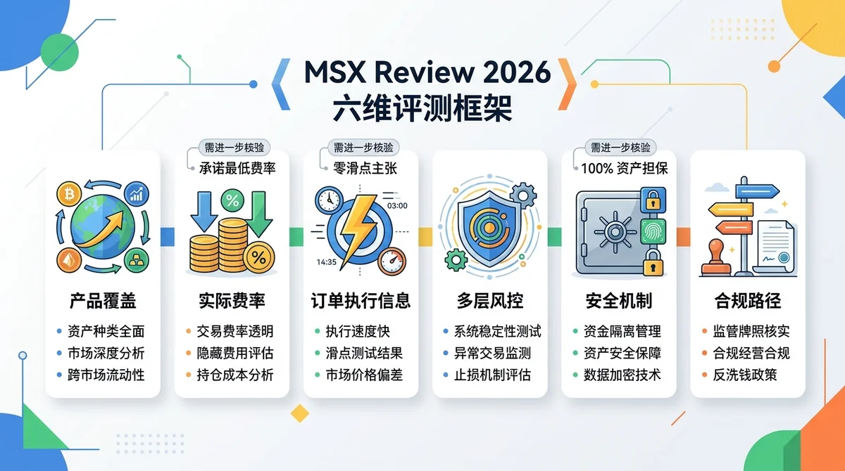 MSX Review 2026 六维评测框架信息图,依次展示产品覆盖、实际费率、订单执行信息、多层风控、安全机制与合规路径,并单独标记需要进一步核验的平台主张。