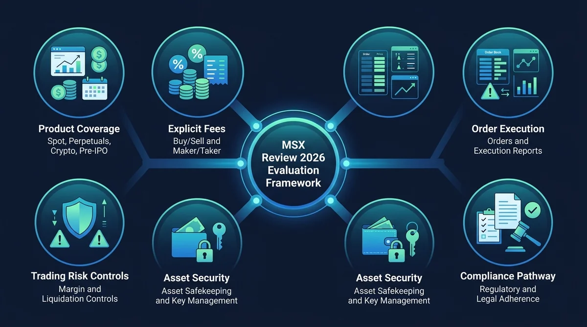 Wide 16:9 horizontal six-part framework infographic, centered hub labeled 'MSX Review 2026 Evaluation Framework' connected to