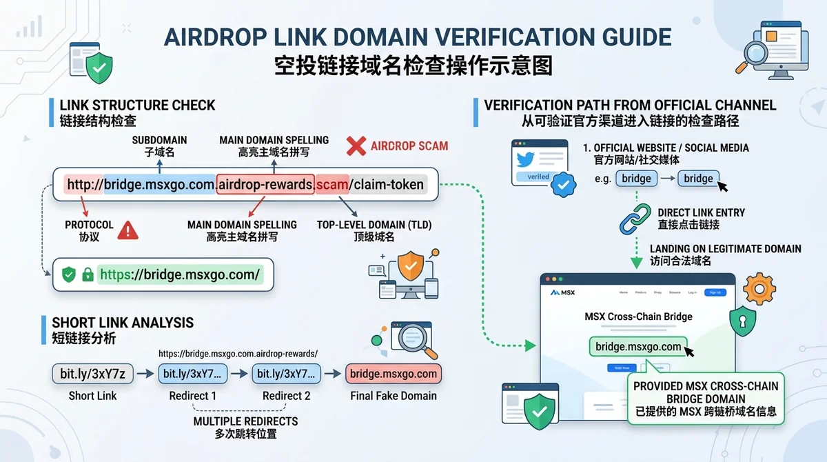 空投链接域名检查操作示意图:高亮主域名拼写、顶级域名、子域名、短链接和多次跳转位置,并展示从可验证官方渠道进入链接的检查路径;可在画面中标注 bridge.msxgo.com 作为已提供的 MSX 跨链桥域名信息。